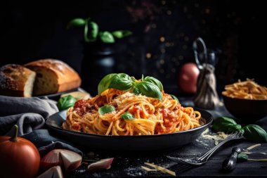 Domates soslu ve fesleğenli spagetti