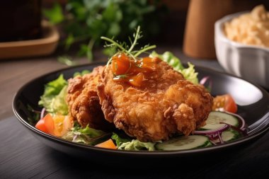 Sebzeli kızarmış tavuk ve ahşap masada salata.