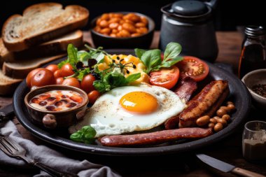 Domuz pastırmalı yumurta, sosis ve sebzeler ahşap arka planda..