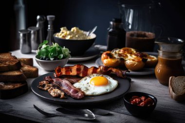 Ahşap bir masada pastırmalı yumurta ve sebze..