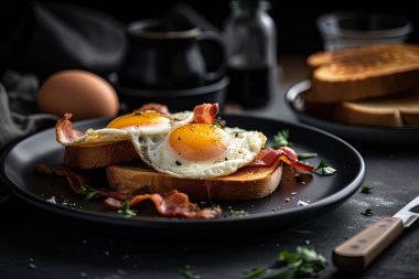 Domuz pastırmalı yumurta ve ahşap masada tost..