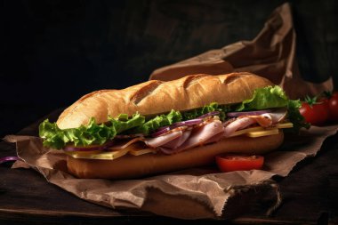 Jambonlu, peynirli, domatesli, marullu, soğanlı ve ketçaplı sandviç.