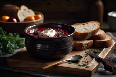 Sebze ve bitkilerle geleneksel Rus çorbası.