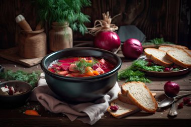 Kasede pancar çorbası, geleneksel Rus yemeği, ev yapımı pancar..