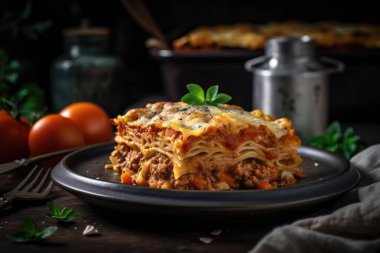 homemade lasagna with chicken and tomato sauce