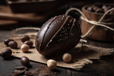 Tahta arka planda fındıklı çikolata şekerlemeleri