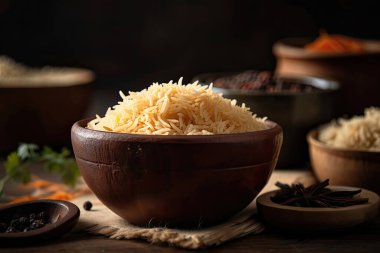 Bir kase çiğ pirinç eriştesi ve ahşap masa malzemeleri.