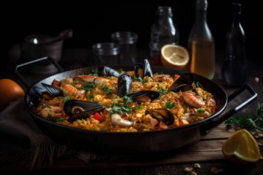 Midyeli deniz ürünleri paella ve siyah arka planda karides.