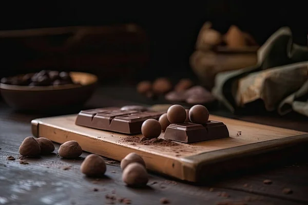 Granos Chocolate Cacao Sobre Fondo Madera — Foto de Stock