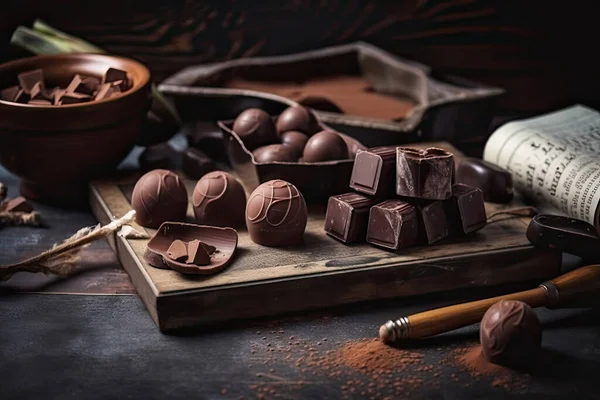 Шоколадні Цукерки Какао Боби Дерев Яному Фоні — стокове фото