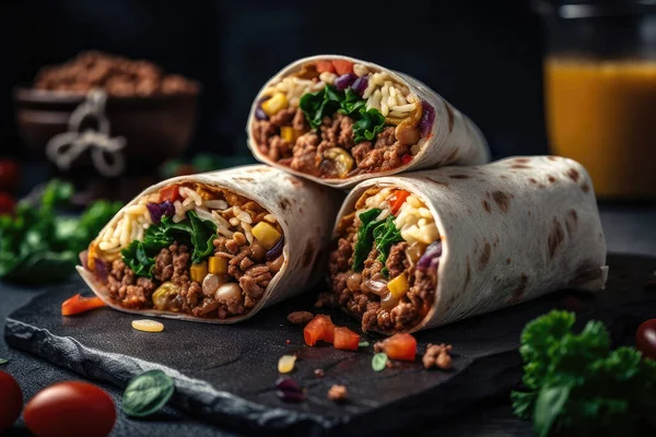 Mexická Tacos Masem Zeleninou Omáčkou Dřevěném Stole — Stock fotografie