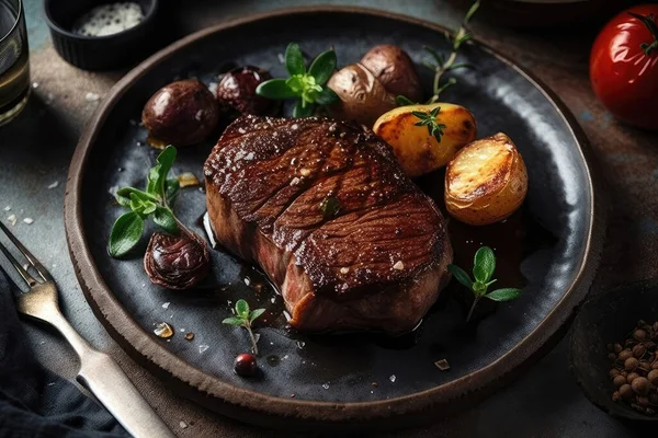 Steak Bœuf Grillé Aux Légumes Épices Sur Fond Noir — Photo