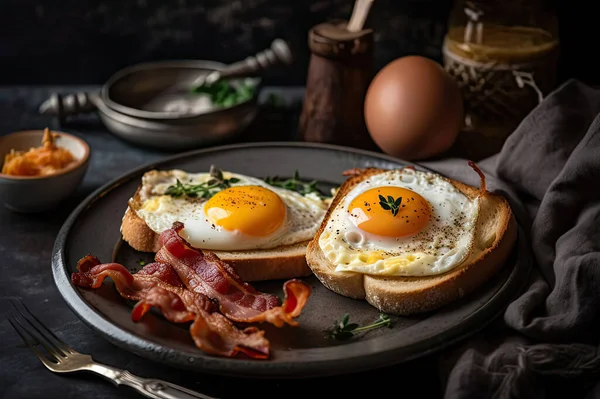 fried eggs with bacon and vegetables on a wooden background.