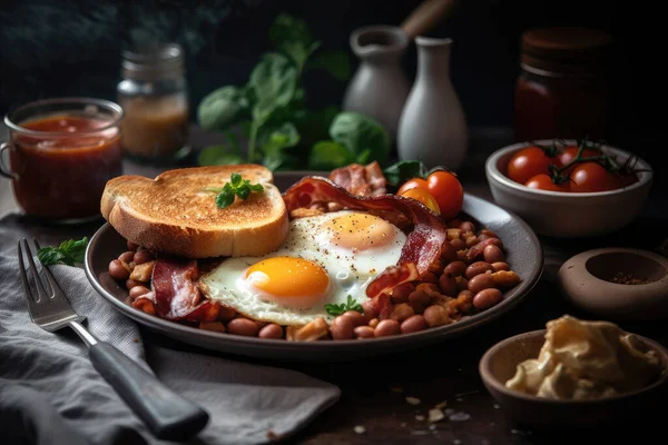 fried eggs with bacon, sausage and sausages on a wooden background.