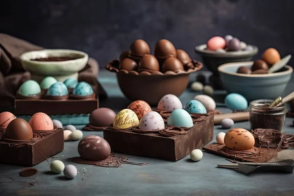 chocolate eggs and easter egg on a dark background.
