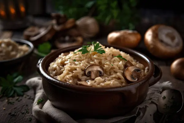 Risotto Mushrooms Mushroom Bowl Wooden Background Selective Focus — Stock Photo, Image