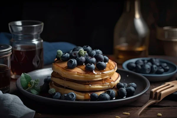 Pancakes Blueberries Honey Wooden Background — стоковое фото