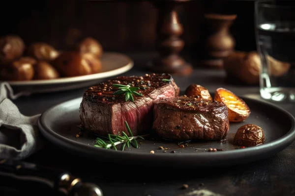 Grilovaný Hovězí Steak Rozmarýnem Kořením Černém Pozadí Stock Obrázky