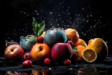 Siyah zemin üzerinde taze meyve ve böğürtlen