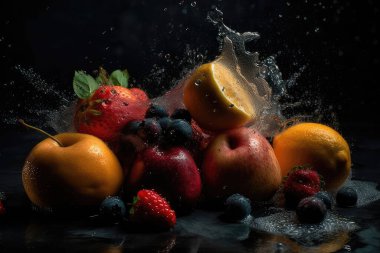 Siyah zemin üzerinde taze meyve ve sebzeler