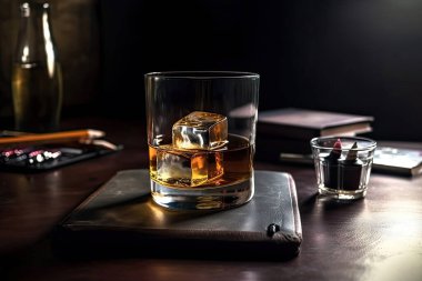 Alkollü viski bardağı ve tahta masada viski.