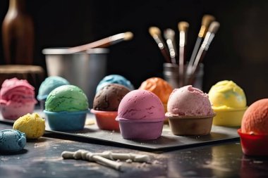 Koyu arkaplanda bir kasede renkli dondurma..