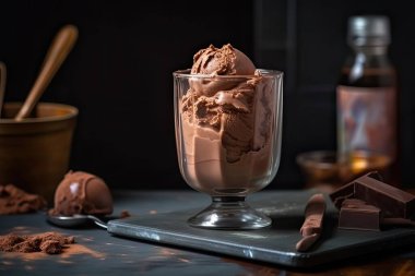 kakao tozlu çikolatalı dondurma ve koyu arkaplanda kahve çekirdekleri.