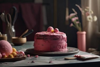 Ahşap bir masada pembe jöleli ve nane şekerli lezzetli çikolatalı pasta.