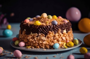 Koyu arkaplanda kremalı ve fındıklı çikolatalı pasta