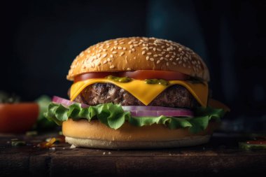 Ev yapımı burger, biftek, domates ve fesleğen.