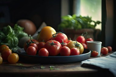 Tahta bir masada taze domates ve domates.