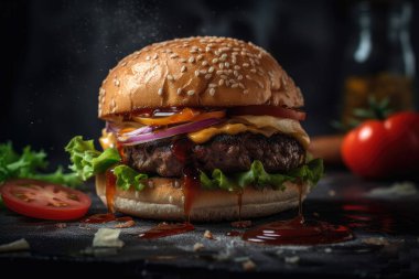 Lezzetli burger, biftek, domates ve marul, yakın plan.