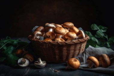 ahşap arka plan üzerinde bir sepet içinde taze mantar