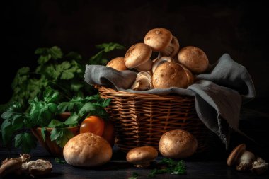 ahşap arka plan üzerinde bir sepet içinde taze mantar