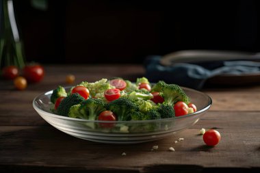 fresh vegetables salad in a bowl on a wooden table