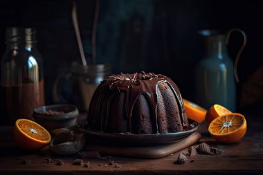 Tarçınlı çikolatalı pasta ve ahşap arka planda fındık..