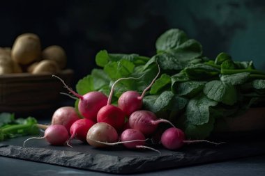 siyah arka plan üzerine taze organik turp