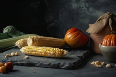 Siyah arka planda taze çiğ mısır ve sebzeler