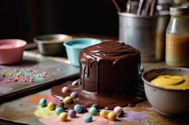 Krem şantili çikolatalı pasta ve ahşap masada karamel.