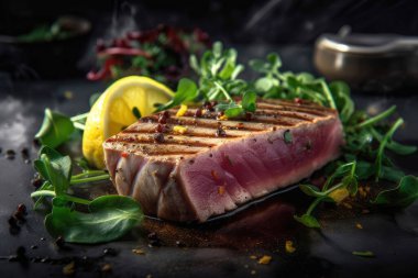 Sebzeli ızgara biftek ve siyah arka planda baharat.