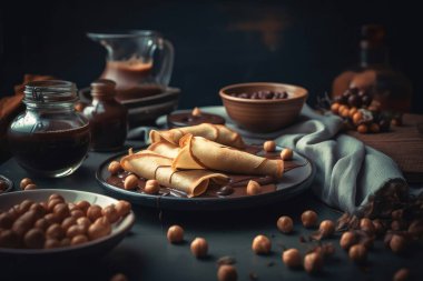 chocolate and coffee beans on a wooden table.