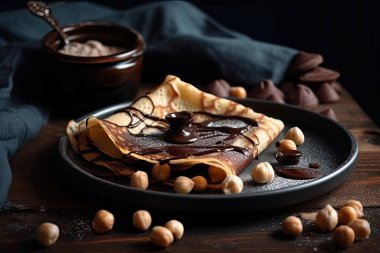 Fındıklı ve ballı çikolatalı krep. seçici odak.