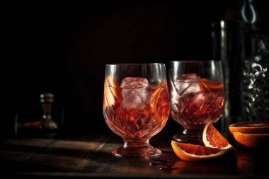 Koyu arkaplanda limon ve turunçgil meyveli bir kadeh kırmızı şarap.