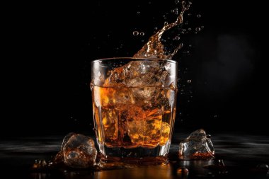 Siyah arkaplanda buz küpleri olan cam.