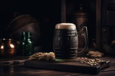 Bira bardağı ve kupalar dolusu şarap ahşap masada.