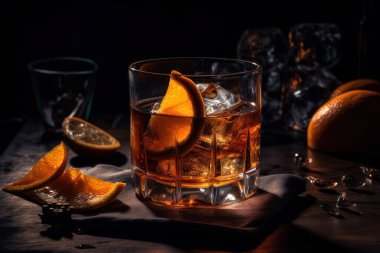 Karanlık bir arka planda buzlu ve tuzlu viski.