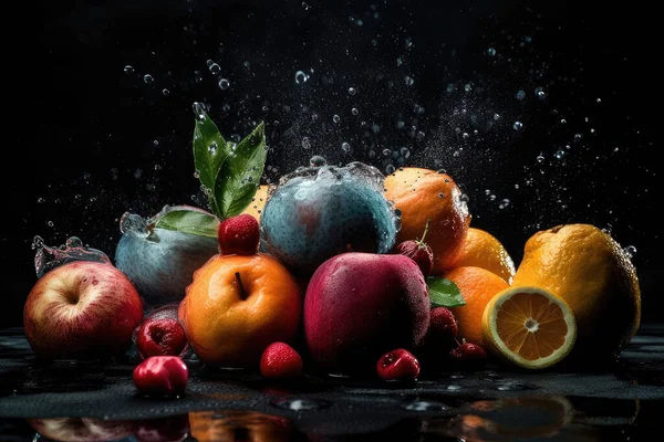 fresh fruits and berries on black background