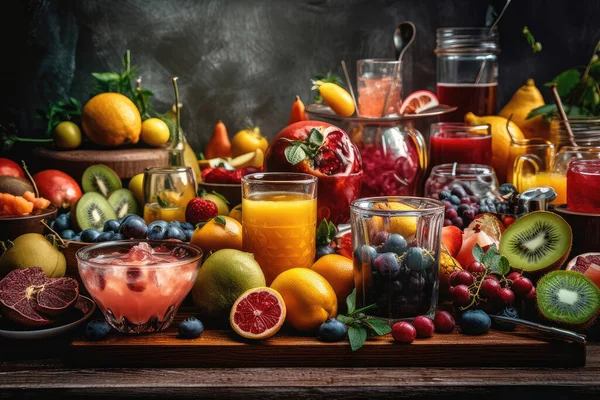 Frisches Obst Und Gemüse Auf Einem Holztisch — Stockfoto