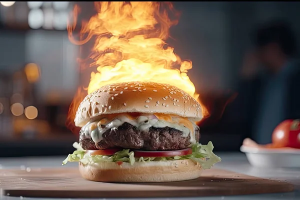 Hamburger Mit Burger Und Messer Auf Hölzernem Hintergrund — Stockfoto