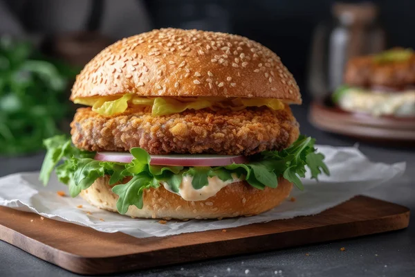 stock image homemade burger with chicken, tomato and lettuce, cheese and vegetables.